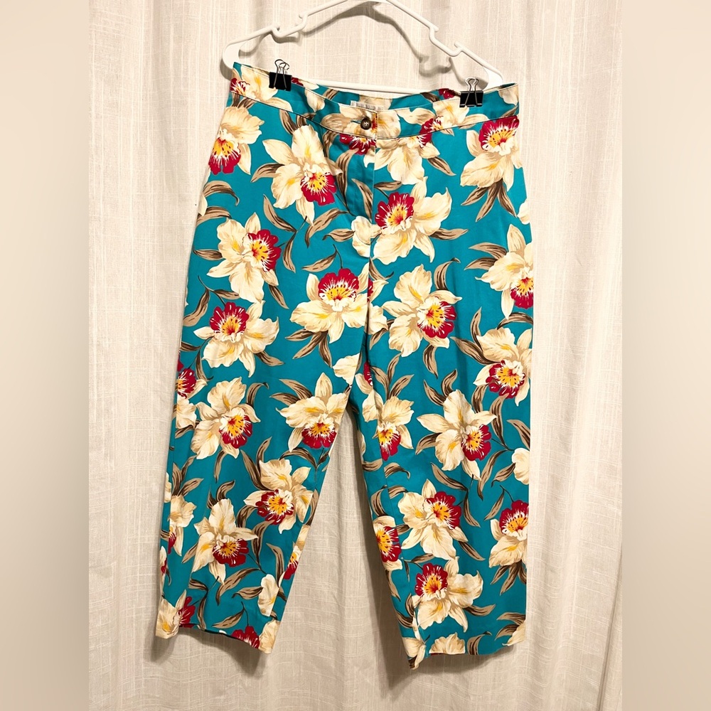 Jones New York Sport Cotton Teal Hawaiian Cream Red Floral Cropped Pants 14w